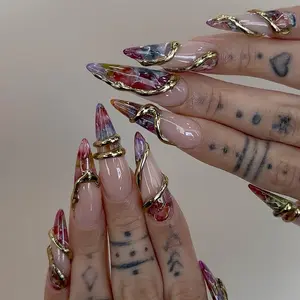 Gold Wire Wrapped Press On Nails | Luxury Marble Nail Art | Edgy Glam Fake Nails | Sculptural Nail Design Nails | Trendy Nail Art