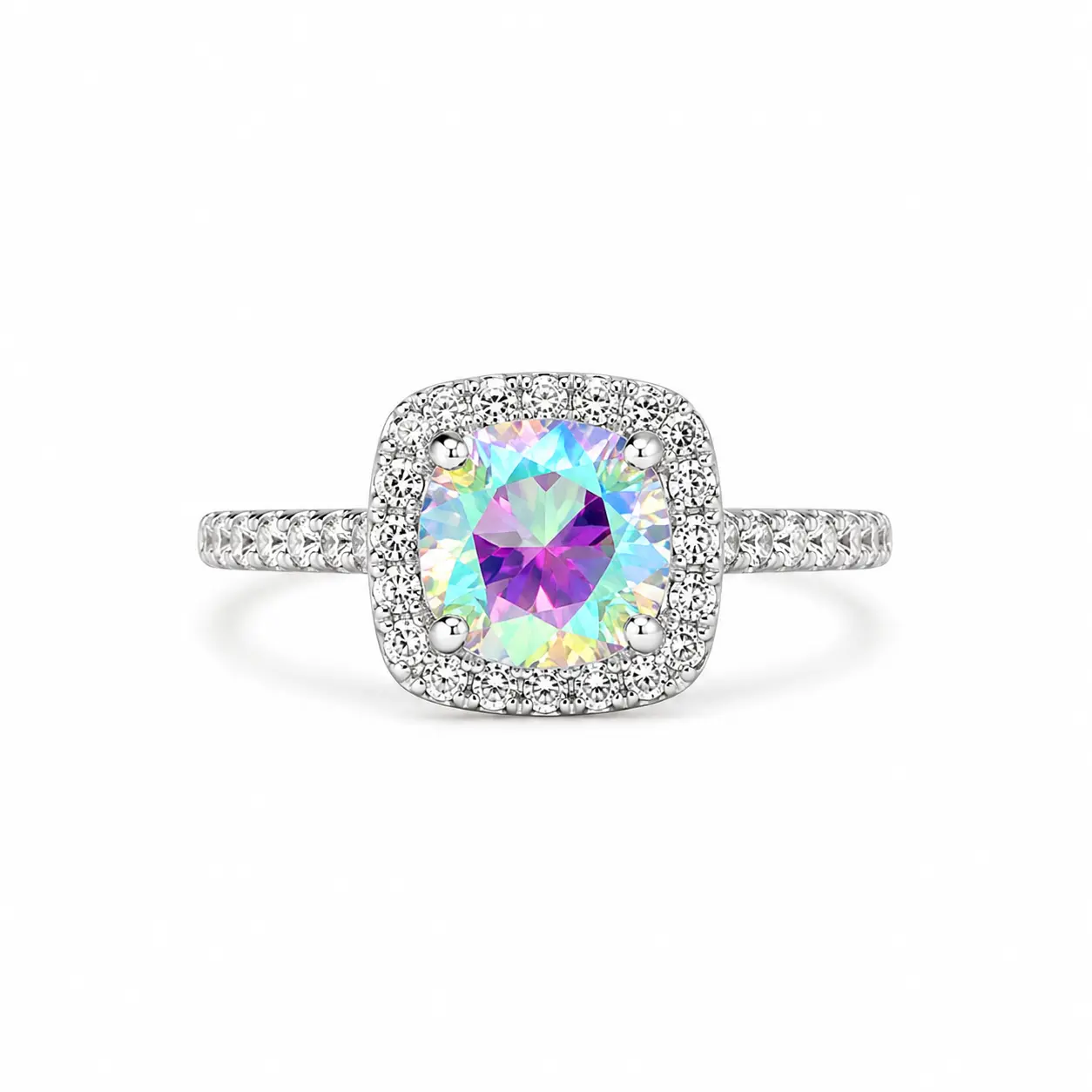 Women's Adjustable Cushion-Cut Rainbow Moissanite Ring - Sparkling Halo Pavé Fashion Costume Jewelry Ring