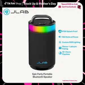 JLab Epic Party Portable 100W Bluetooth Speaker with 4 Drivers 16+ HR Playtime RGB Lighting IP56 Waterproof Lab Sync 3.5mm AUX USB-C Charging Audio Cable Handle