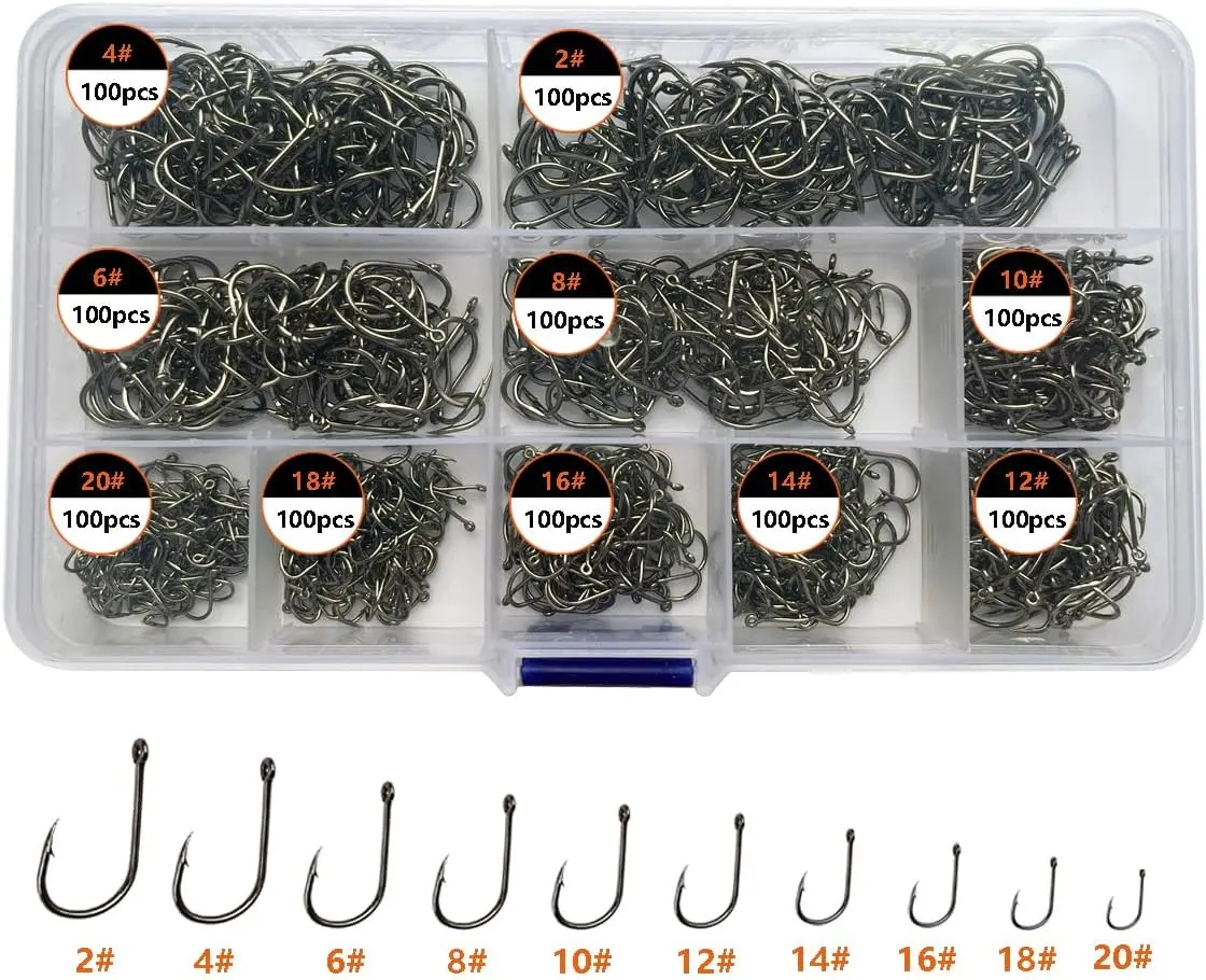 300Pcs/ 500Pcs/ 1000Pcs Small Fishing Hooks, 10 Different Sizes Tiny Fish Hook Set for Freshwater
