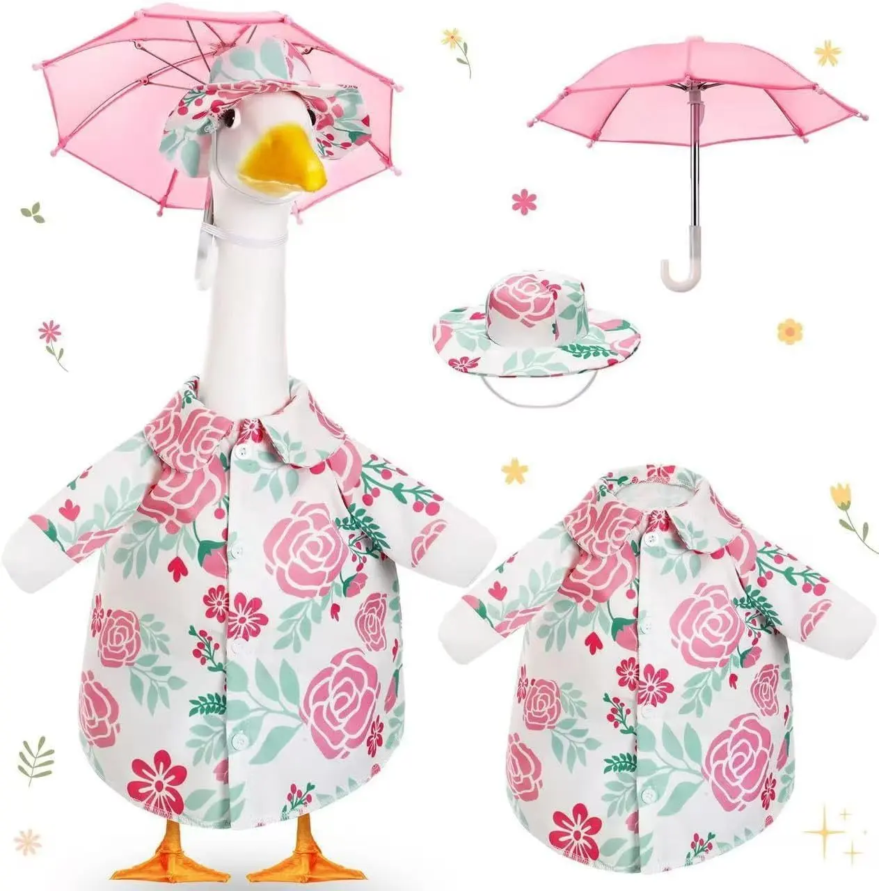 23-Inch Plastic Porch Goose Decor Set - Includes Umbrella, Pink Floral Cloth Dress Outfit, Flower Accent for Spring-Summer Outdoor Patio, Lawn, Party, Festive Decorations (DIY Specialty Supply)