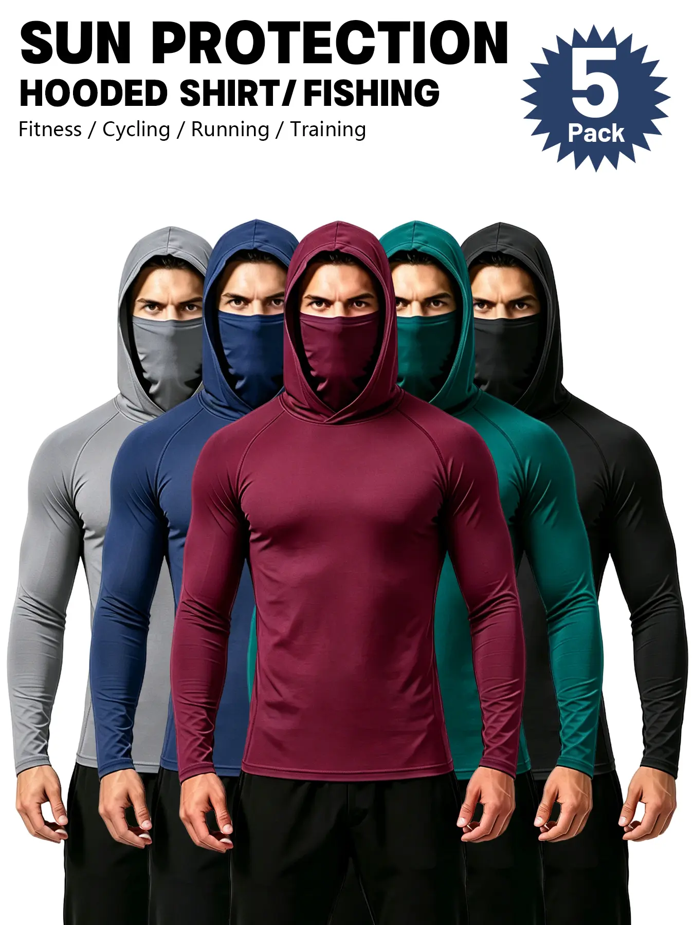 Men's 5-Pack Performance Hoodie Shirt with Built-in Face Mask - Moisture-Wicking Breathable Long Sleeve Sun Protection Athletic Gear for Gym, Running, Fishing & Outdoor Sports