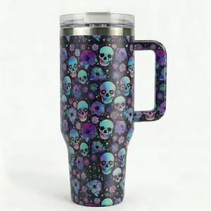2D Dark Floral Skull Pattern 40oz Tumbler with Handle Stainless Steel Coffee Mug Best Graduation Gift Ideas for Sister BFF Women