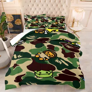 BAPE ABC Camo Baby Milo & Friends Comforter Set, Cute Cartoon Streetwear Bedding Set,1 Comforter and 1-2 Coreless Pillowcase,Featuring Classic Camo Print & Cute Cartoon Characters, for Kids Teens Men Adult Room Decor
