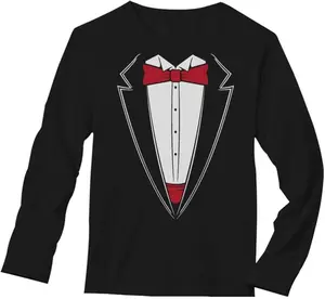 Tstars Printed Suit & Tie Tuxedo Red Bow Tie Bachelor Party Long Sleeve T-Shirt Round Neck 100% Combed Cotton Machine Washable USA Made