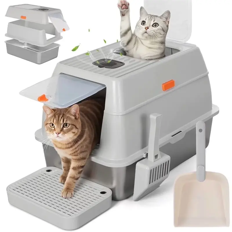 DOMIPET 3-in-1 Stainless Steel Enclosed XL High-Sided Cat Litter Tray Set (20L, 23.8inL x 16.1inW x 16.7inH) - Front Access & Top Entry, Filter Pedal, 2x Litter Scoop, Anti-Urine Leakage, Easy Cleaning Non-Sticky Surface, Flexible, Durable, Pet Gift