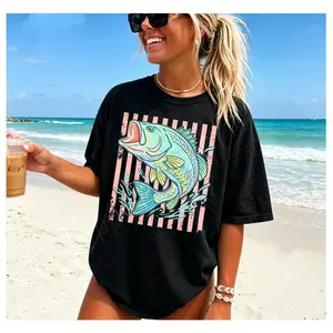 Bass Fish Beach Graphic T-Shirt, Retro Preppy Striped Fishing Tee, Summer Coastal Aesthetic Oversized Casual Top, Beach Vacation Outfit