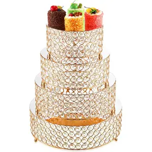 4 Pcs Crystal Gold Cake Stand Set 4 Size Elegant Round Dessert Display Metal Cupcake Stand with Mirror Plate Crystal Beads for Party Birthday Festival Anniversary Holiday 8/10/ 12/14''