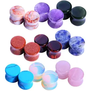 18PC Piercing Stone Plugs - Ear Stretching Kit - Beginners 8G-00G, Big Gauges 11mm-24mm (1 Inch) - Saddle Double Flared Tunnels Expander Earrings - Men Women Unisex Jewelry