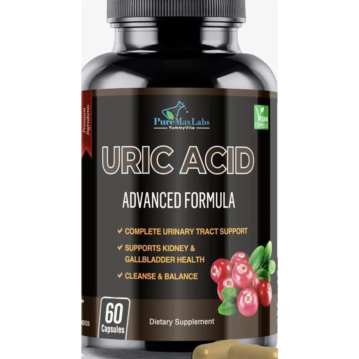 YUMMYVITE Uric Acid Advanced Formula – Kidney, Liver, Gallbladder, Urinary Tract Cleanse with Cranberry, Chanca Piedra, Tart Cherry, Milk Thistle and Bromelain 60 Capsules