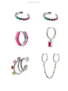 6Pcs Women Earring Set, 24K Gold Plated Multicolor Cubic Zirconia Hoop Dangle Cuff Earrings, Luxury Chain Stackable Ear Jewelry, Hypoallergenic Anti-Fade Lightweight Ornaments for Daily Party & Gifting