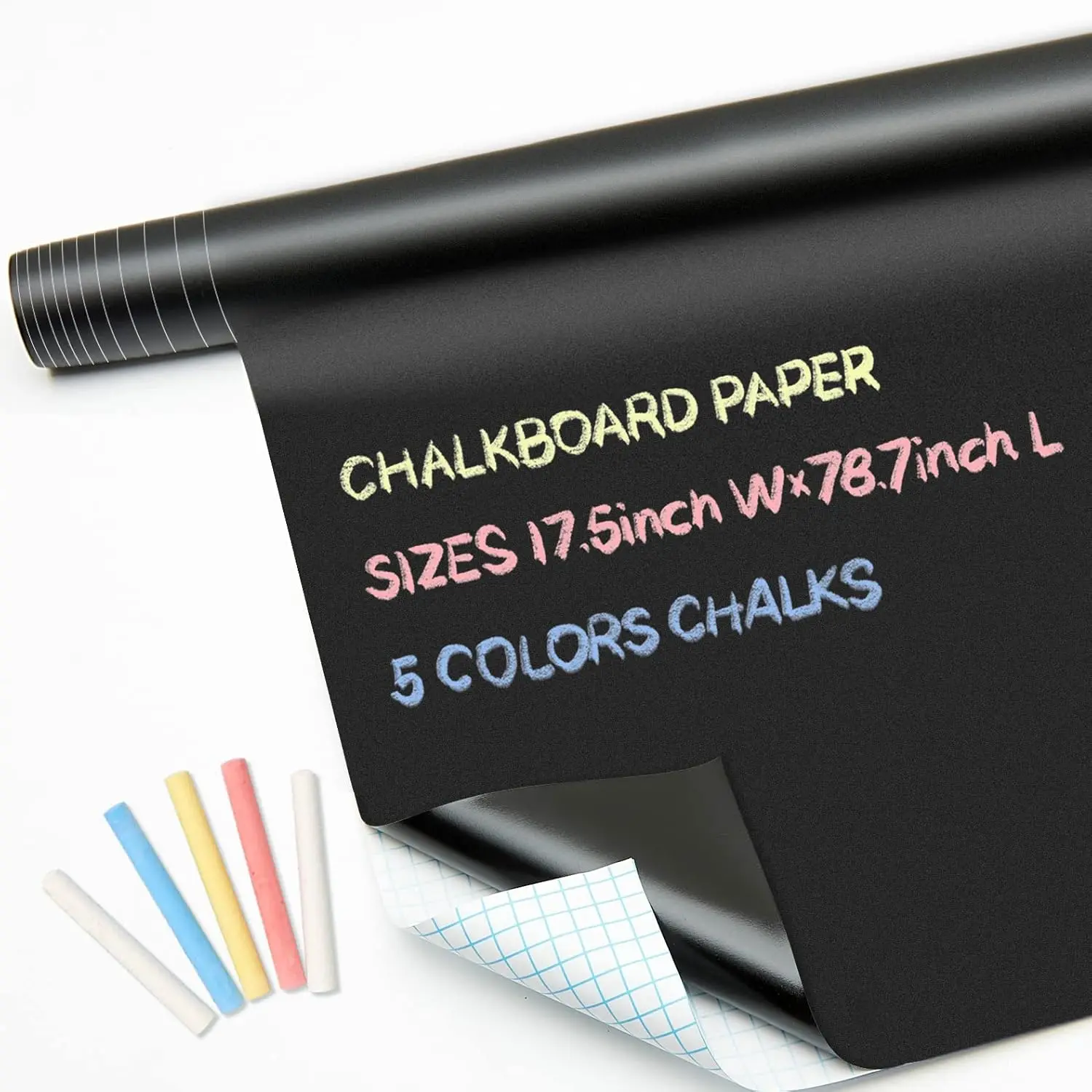 Chalkboard Contact Paper Roll - 17.3" x 78.7" (6.5 ) - 5 Chalks Included - Self Adhesive Chalk Paper Removable DIY Blackboard Wall Sticker for School, Office, Home, Art - Black Chalkboard Stickers