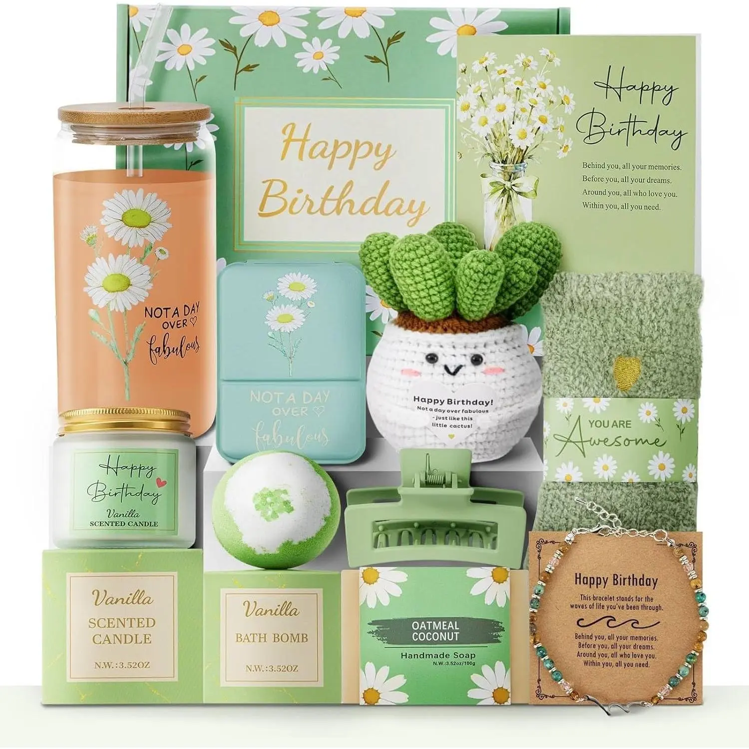 Birthday Gifts for Women,Happy Birthday Gifts for Women 11PCS Birthday Basket for Women Green Best Friend Birthday Gifts Baskets for Women Mom Wife Daughter Aunt Sister Coworkers