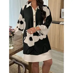Women’s floral print casual shirt, long-sleeve button-front top, loose-fit polyester blouse for spring and fall, ladies’ fashion clothing