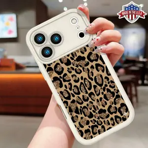 Glitter Gold Leopard Print Phone Case for iPhone 11 12 13 14 15 16 17 Pro Max Plus Air, Sparkly Animal Pattern, Slim Shockproof Protective Cover, Anti-Scratch Matte Finish, Made in USA