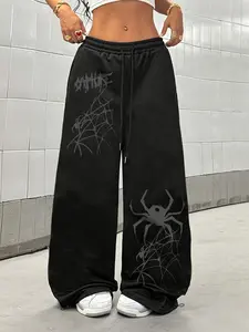 Women's Y2K Spider Web Graphic Wide Leg Sweatpants, Streetwear Style Loose Fit Adjustable Drawstring Pants For Hip Hop Dance & Daily Wear, Casual Bottoms