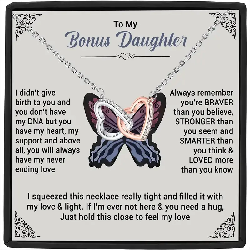 To My Bonus Daughter Sentimental Necklace Heartfelt Message with Pink & Purple Butterfly Design, Perfect Gift for Birthdays, Holidays & Valentine'S Day