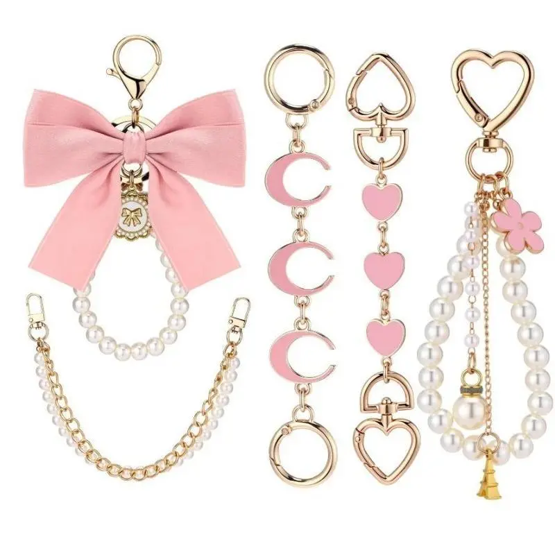 5-Piece Bag Charm & Extender Chain Set, Elegant Gold Pearl and Bow Purse Accessories with Clip-On Design for Handbags, Chain Design