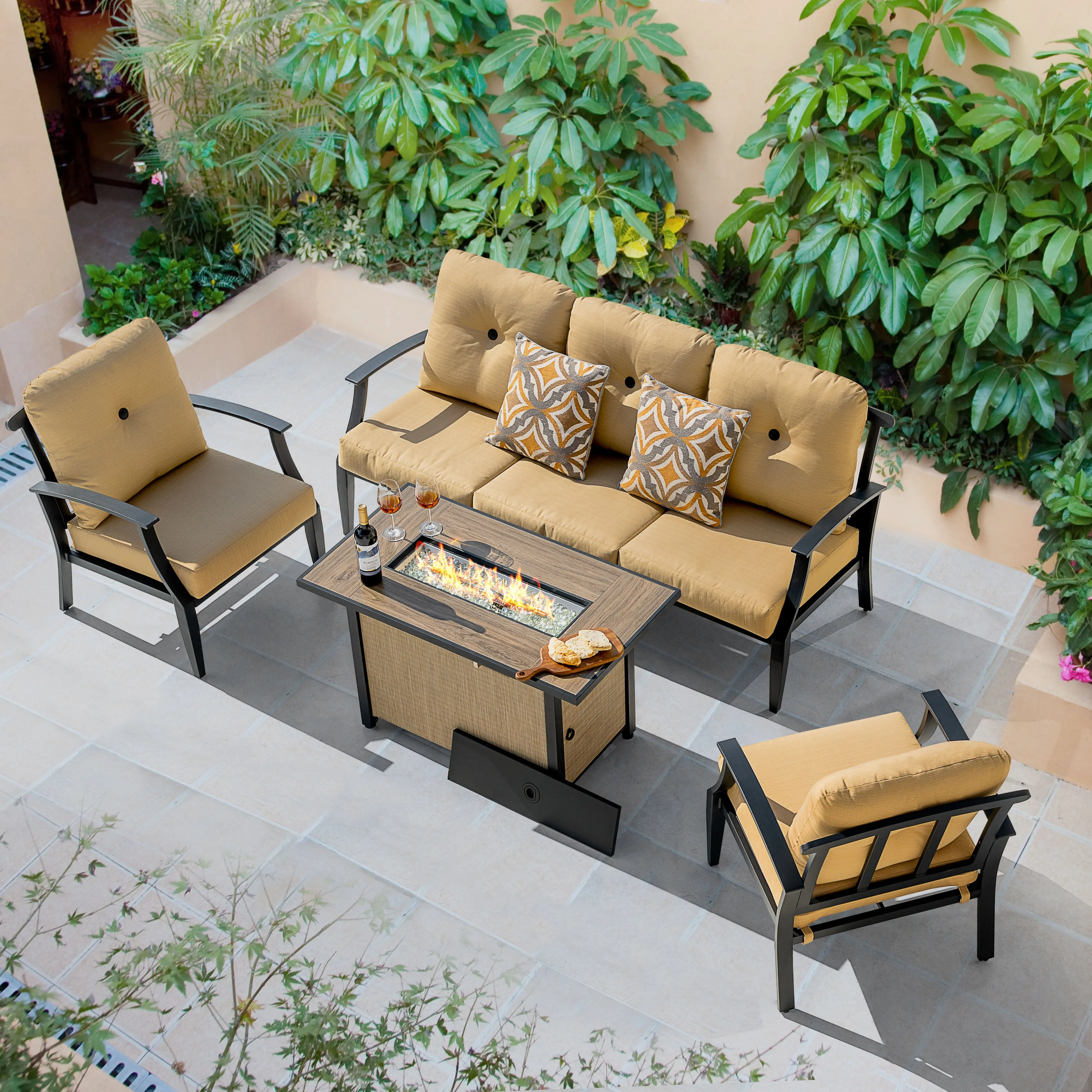 Outdoor 50,000 BTU Textilene Propane Fire Pit Set with Aluminum Sofas