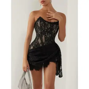 ElegantLaceStraplessSexyMiniDressforWomenFashionOff-shoulderIrregularRuchedBodyconNightClubPartyDressFormalWomenswearBlackWorkwear