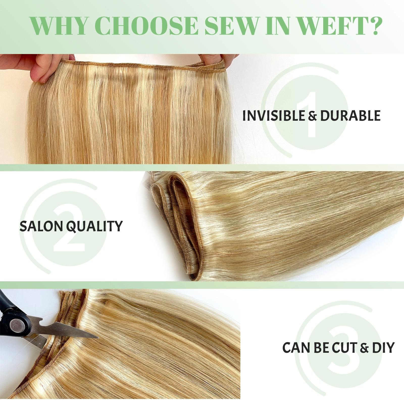 Balayage Blonde Sew In Extensions 24 Inch Real Human Hair Weft Extensions 120G Double Weft Remy Human Hair Bundles For Women Hand Tied Full Head Straight Hair Weaves