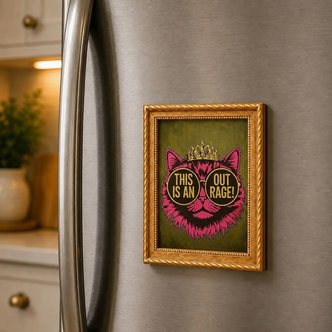 "This Is An Outrage" Funny Cat Magnet, Pink Royal Cat Refrigerator Decor, Cute Fantasy Kitchen Gift, Collectible Magnet Artwork Decorative