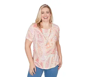 Alfred Dunner Petite Paisley Short Sleeve Tee with Necklace