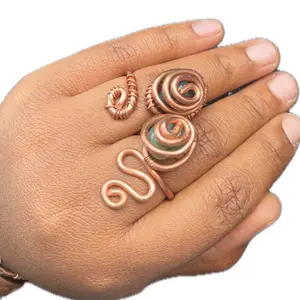 Adjustable Moss Agate Copper Wrapped Rings Unisex