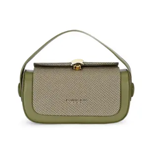 Women's Woven Texture Clasp Shoulder Bag Olive Green Premium Leather Trim Gold Art Deco Clasp Dual Carry Options Structured Lightweight