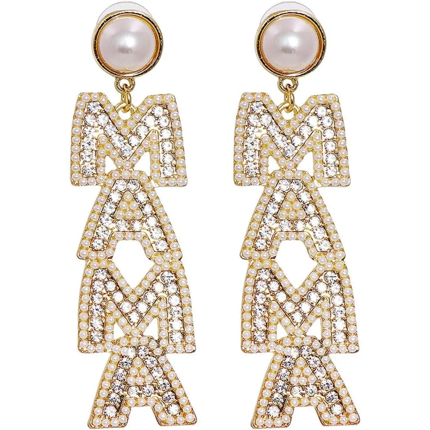 Beaded MAMA Letter Earrings with Rhinestone Crystal Drop Dangle, Handmade, Lightweight, Hypoallergenic, Perfect Gift for Women