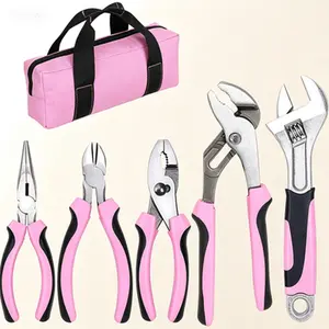 5-Piece Pink Utility Pliers Set with Zippered Storage Bag, Groove Joint Pliers, Diagonal Cutter, Long Nose Pliers, Slip Joint Pliers, 8-Inch Adjustable Wrench, Hand Tool Kit for Household Repair, DIY Projects, Electrical Work, Wire Cutting and General Mai