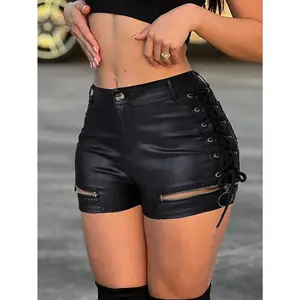 Women's High Waist PU Leather Shorts, Zipper and Drawstring Details - Sexy, Elastic, Elegant Summer Fashion Black High Waist Shorts