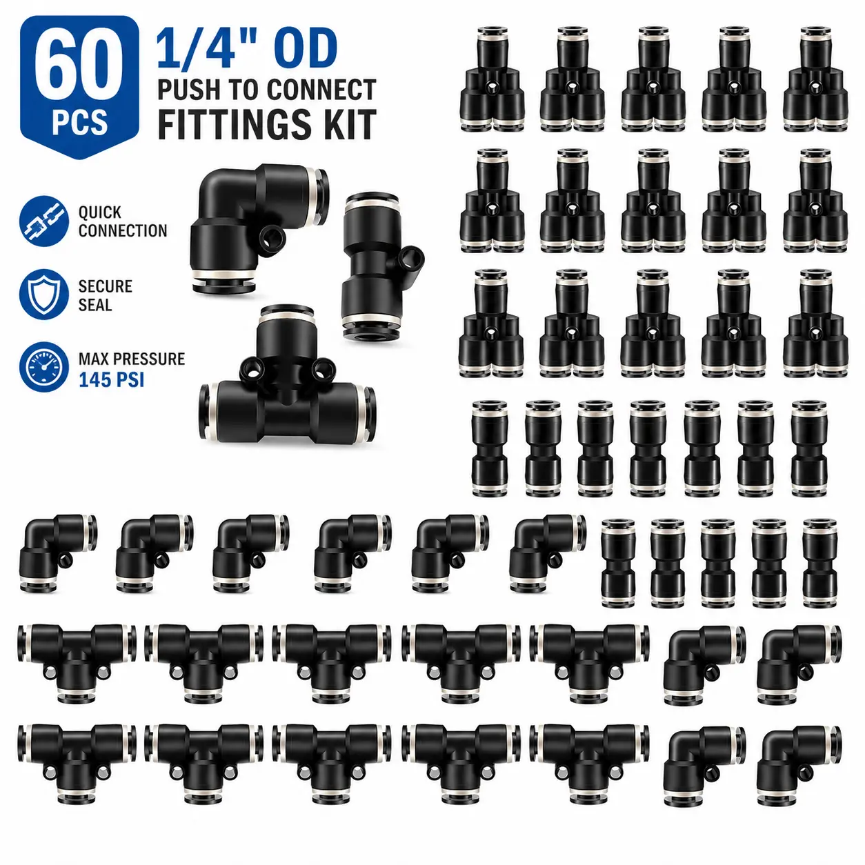 60 Pcs 1/4" OD Push to Connect Pneumatic Fittings Kit – Black Quick Release Air Line Connectors, Tee/Elbow/Straight/Splitter for PU/Nylon Tube, 145 PSI