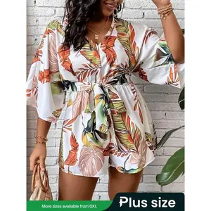 Plus Size All Over Leaf Print Belted Tie Front Romper, Vacation Clothes, Casual V Neck Batwing Sleeve Romper for Beach Vacation Holiday, Women's Clothes for SummerGift