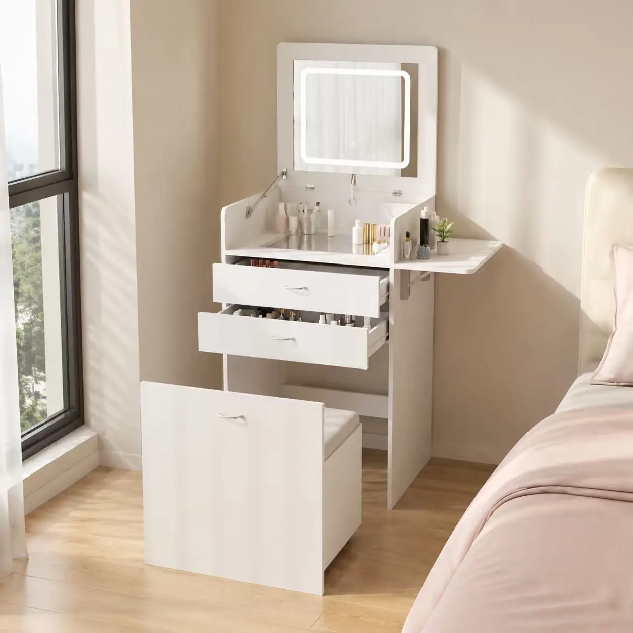 White 3-in-1 Sturdy Makeup Vanity Table - Flip-Top Adjustable LED Touch Sensor Mirror, Glass Tabletop, 3 Drawers, Padded Storage Stool, Furniture for Small Spaces, Led Mirror