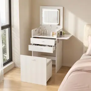 3-in-1 Compact Vanity Table ,Flip-Top Mirror with Built-in Lighting, Glass Tabletop Makeup Desk ,Features 3 Drawers and a Padded Storage Stool ,Small-Scale Vanity/Nightstand for the Bedroom ,White Pantry