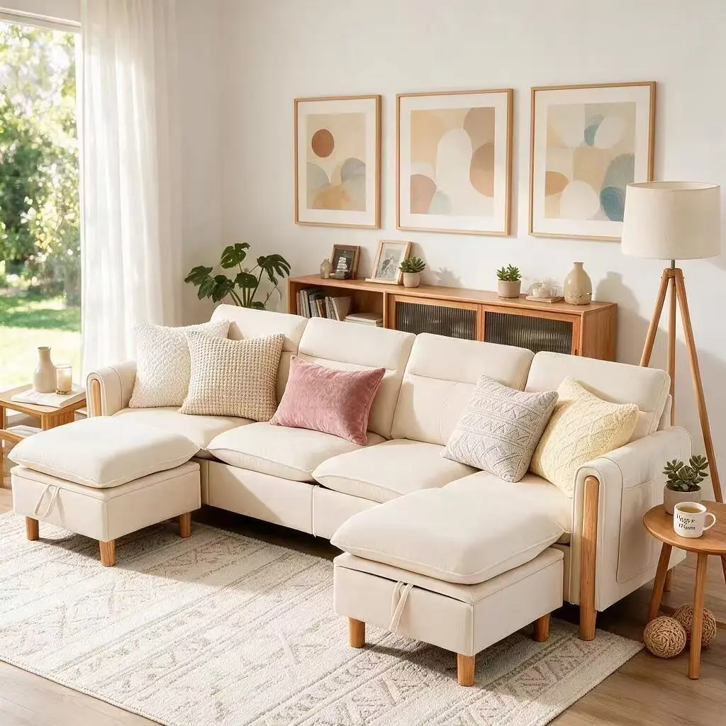 102.8in 4-Seater Chenille Modern Contemporary Minimalist Sectional Sofa - Split Cartons, 2 Storage Ottomans, Solid Wood Arms, Deep Seat, Side Storage Pockets, 800LBS Max Weight Capacity for Small Living Room Apartments