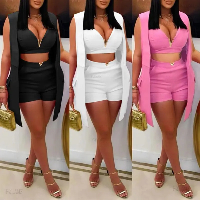 Blazer Outfits for Women, Sexy Check 3-Piece Party Wear Set with Sleeveless Vest, Slogan Bandeau Top and Shorts, 3-Piece Set, Machine Washable, Summer Club Parties
