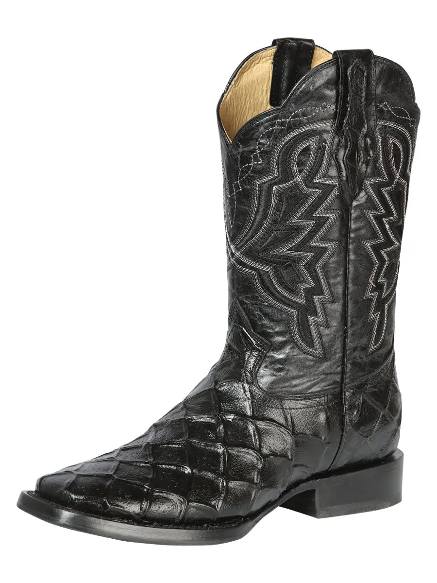 Botas Rodeo de Pirarucu Grabado Punta Cuadrada Color Negro - El General