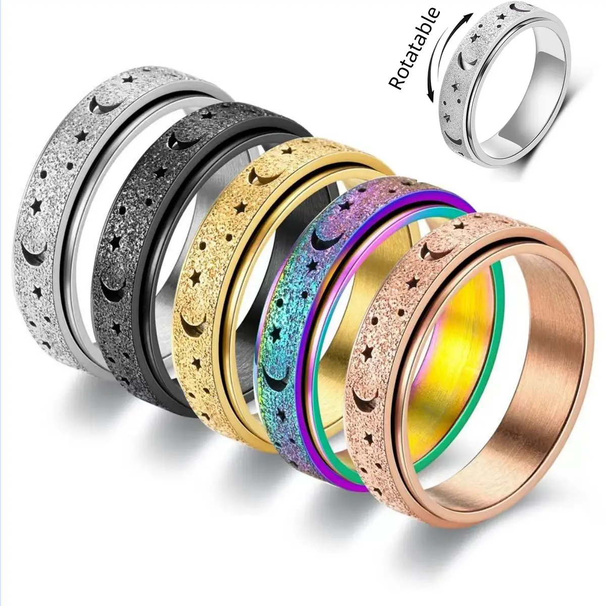 Stainless Steel Anxiety Ring – 6mm Night Sky Design Spinner Band for Women, Thumb Men Ring Sizes 6-12.Ideal for Stress Relief, Fidget Spinner Ring, Me