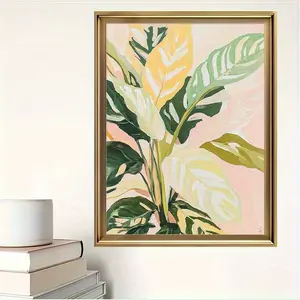 1pc Tropical Monstera Leaf Canvas Poster - Modern Minimalist Wall Decor in Green, Yellow, Pink, Frameless Ready-to-Hang Botanical Art Print for Living Room