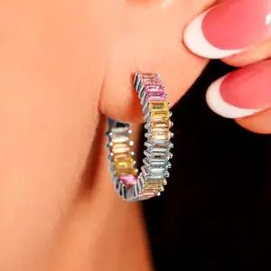 18K White Gold Plated Rainbow Pastel Baguette Hoop Earrings - Made in Italy - Colorful Gemstone Hoops  Sterling Silver - Gift for Her