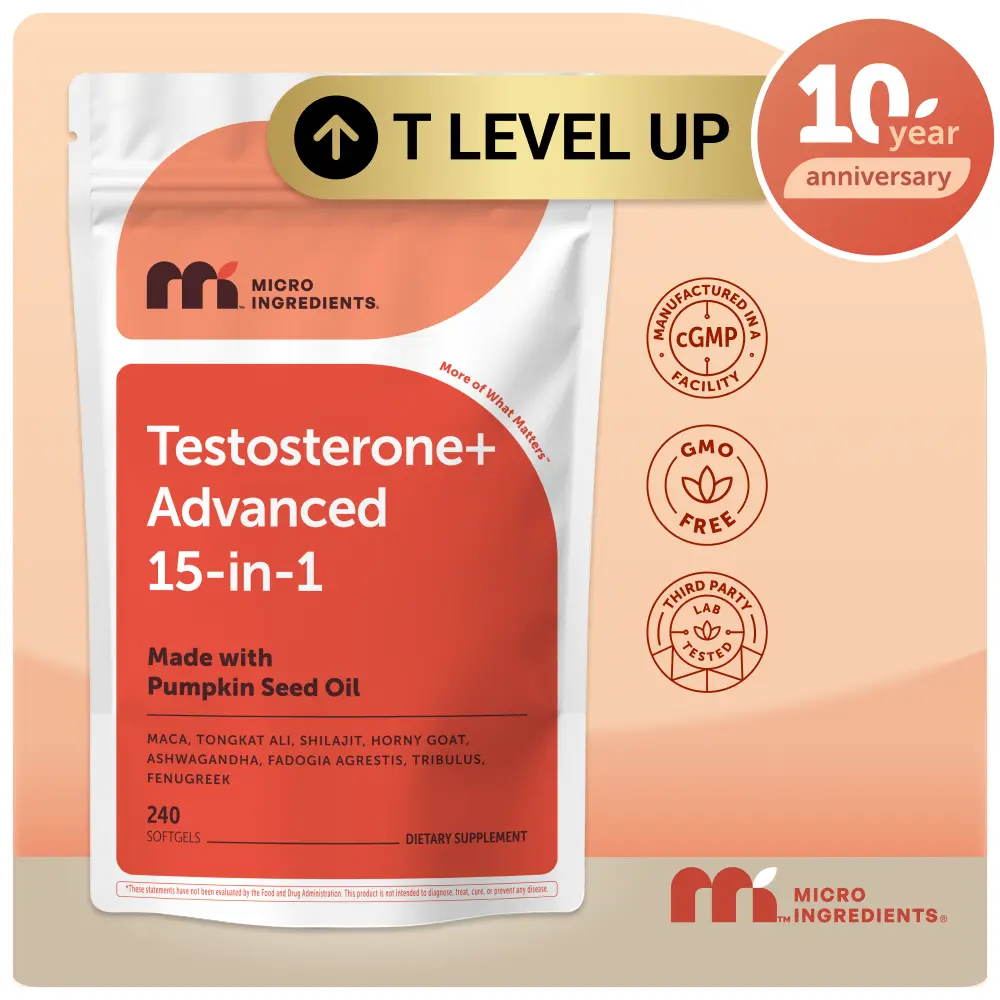 Micro Ingredients Testosterone+ Advanced for Men & Women, 240 Softgels | 15-in-1 Complex with Tongkat Ali, Horny Goat Weed, Shilajit, Maca & Saw Palmetto | Non-GMO