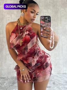 women's floral print tie backless halter neck dress, fashion casual sleeveless short dress for daily outdoor wear, capri sun dress, ladies dress for summer, womenswear