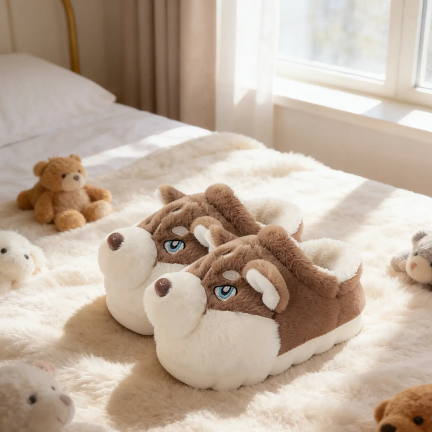 Women's Plush Husky Face Slippers - Cute Playful Look Indoor Home Wear, Soft Fabric Ultra-Cozy Footwear with TPU Sole for Bedroom Use, Husky Faces, Slide, Animal Print, Slip On, Indoor Footwear, Cartoon, Animal Face