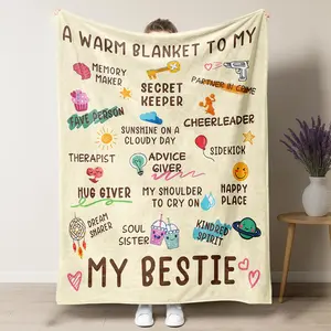 Best Friend Appreciation Lightweight Blanket,"My Bestie" Friendship Role Descriptions Summer Throw,Soft Air Conditioning Blanket with Cute Icons for Long-Distance Besties,BFF Birthdays & Summervibes