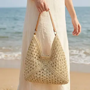 Boho Woven Straw Tote Purse for Women Crochet Shoulder Bag Hollow Out Handbag Portable Hobo Bag for Travel & Vacation