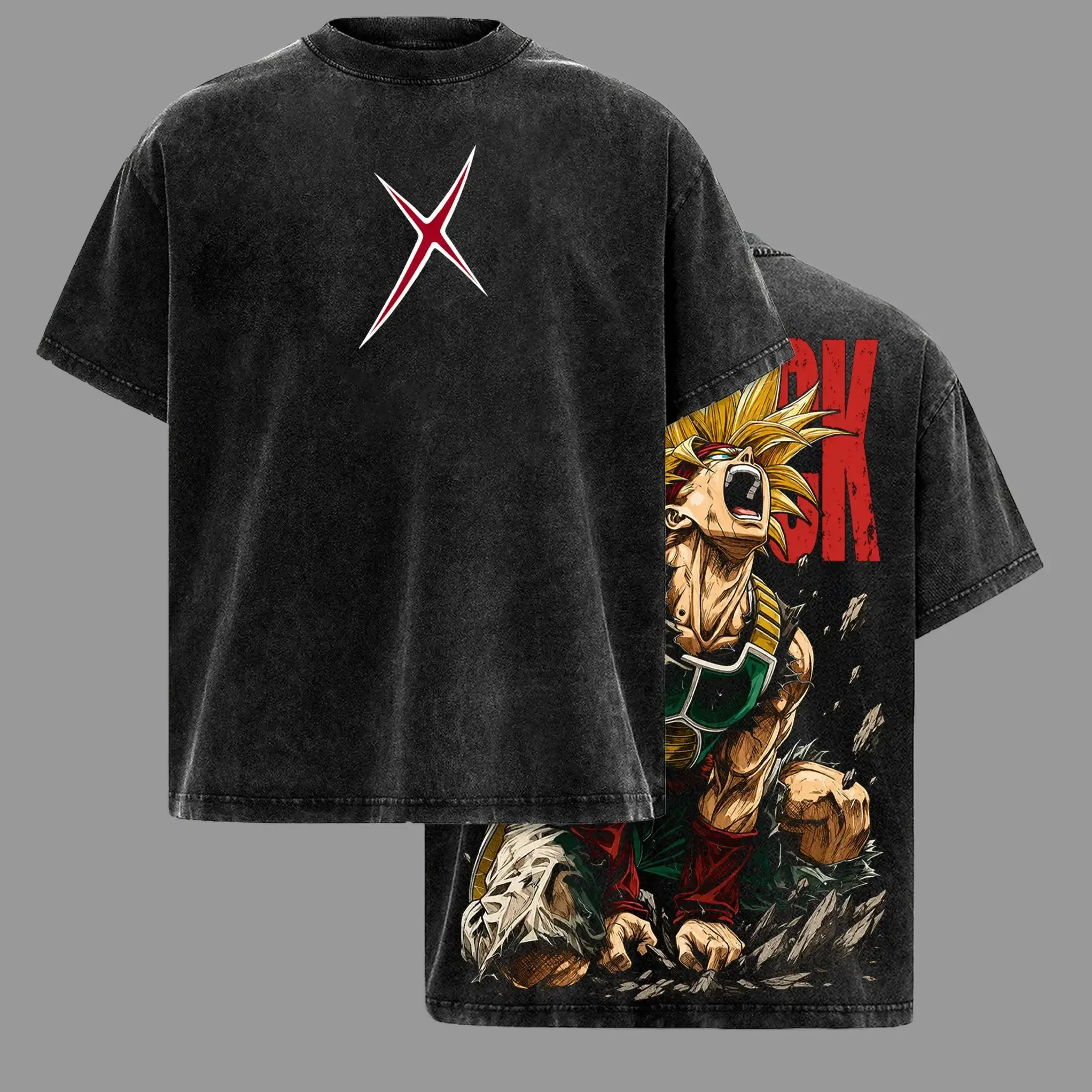 Men's Bardock Vintage Oversized Loose-Fitting Streetwear Top - DBZ Legendary Saiyan Father Double-Printed Casual Short-Sleeve Washed Heavyweight Cotton Unisex Anime Manga Tee, Machine Washable, All Seasons, Tops