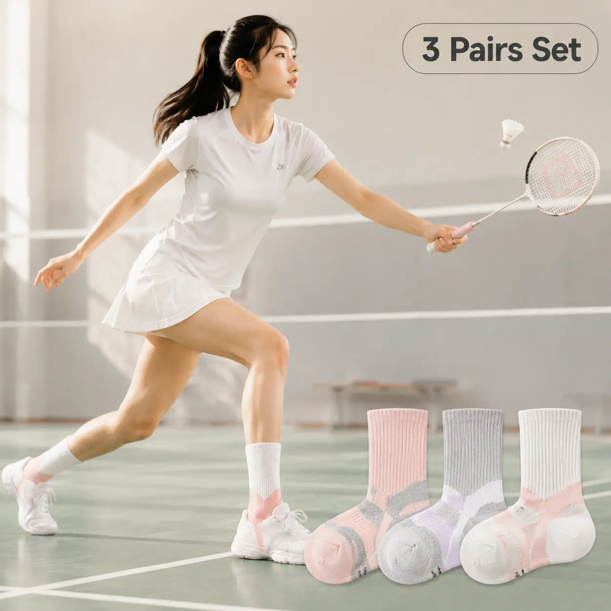 3 Pairs Women's Badminton Crew Socks, Cushioned Athletic Sports Socks with Arch Support, Breathable and Durable Socks