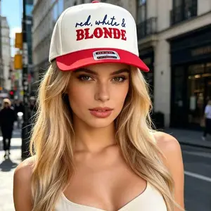 Red White & Blonde Embroidered Trucker Hat for Women Vintage Patriotic Baseball Cap Adjustable Snapback Summer Hat Cute 4th of July Outfit Accessory Gift for Her graduation